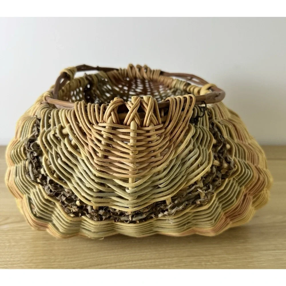 Hand Woven Rattan Wicker Seashell Basket Sculptural Boho Coastal Decor 12